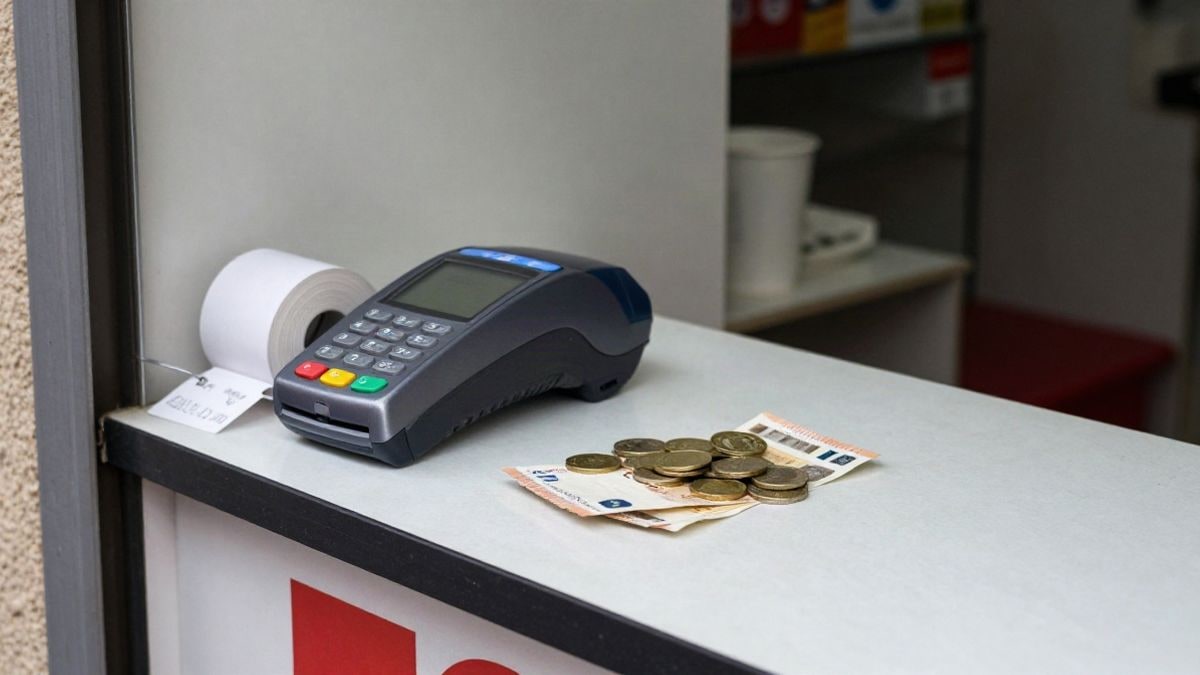 Illustrative image: card terminal, coins, and euro notes on the counter of a small shop