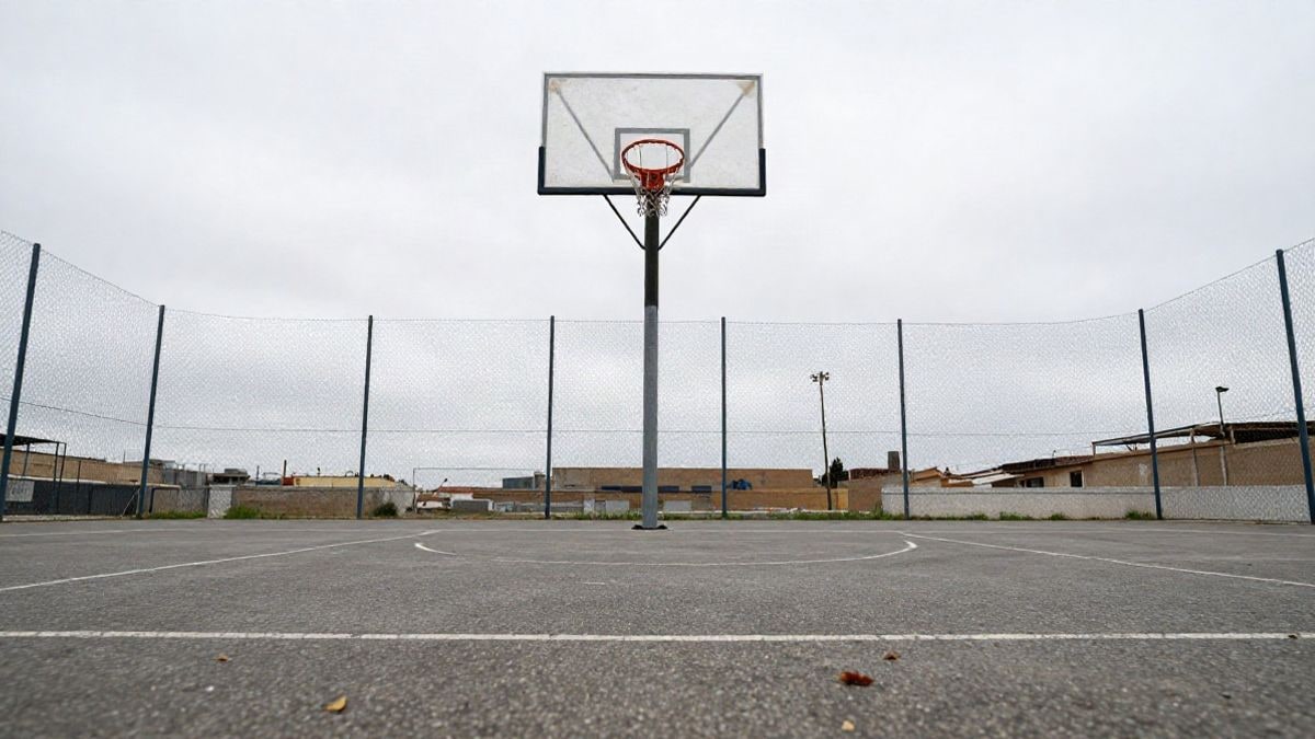 Illustrative image: basket of an outdoor municipal sports court viewed from the ground with cloudy sky