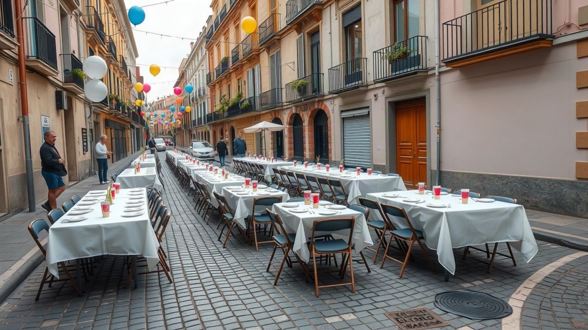 Imagen ilustrativa: mesas largas con manteles de papel y platos en una plaza empedrada, preparadas para una comida infantil al aire libre.
