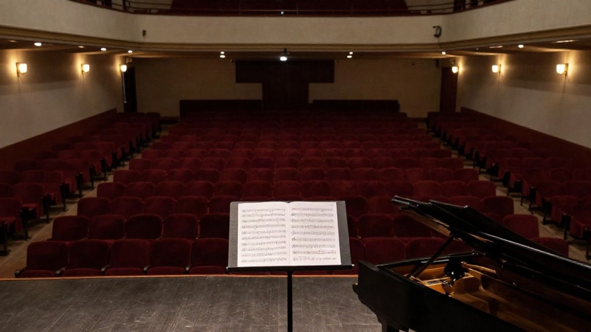 Imagen ilustrativa: un piano de cola en un escenario vacío, visto desde arriba, con el atril abierto y partituras.