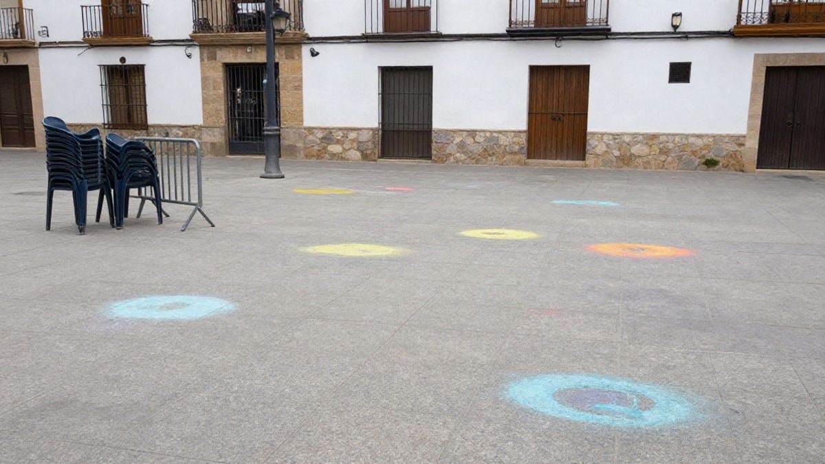 Illustrative image: square of a Spanish village with remnants of colour dust on the ground and stacked chairs next to a fence