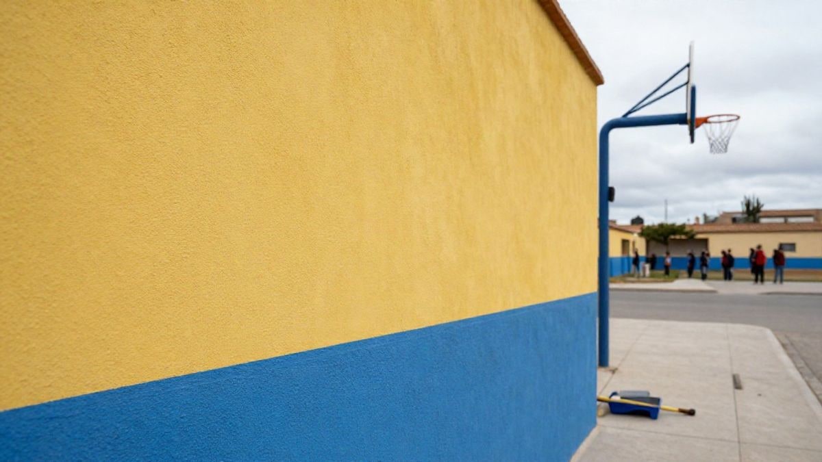 Imagen ilustrativa: detalle de pintura fresca en una pared de colegio con una canasta de baloncesto al fondo.