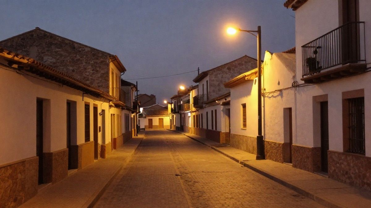 Illustrative image: a small village street lit by streetlights at night