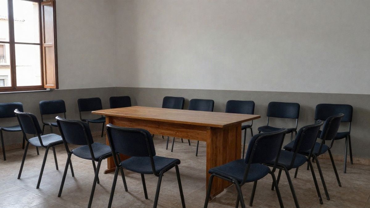 Imagen ilustrativa: sala de reuniones municipal con sillas vacías y luz natural entrando por una ventana lateral