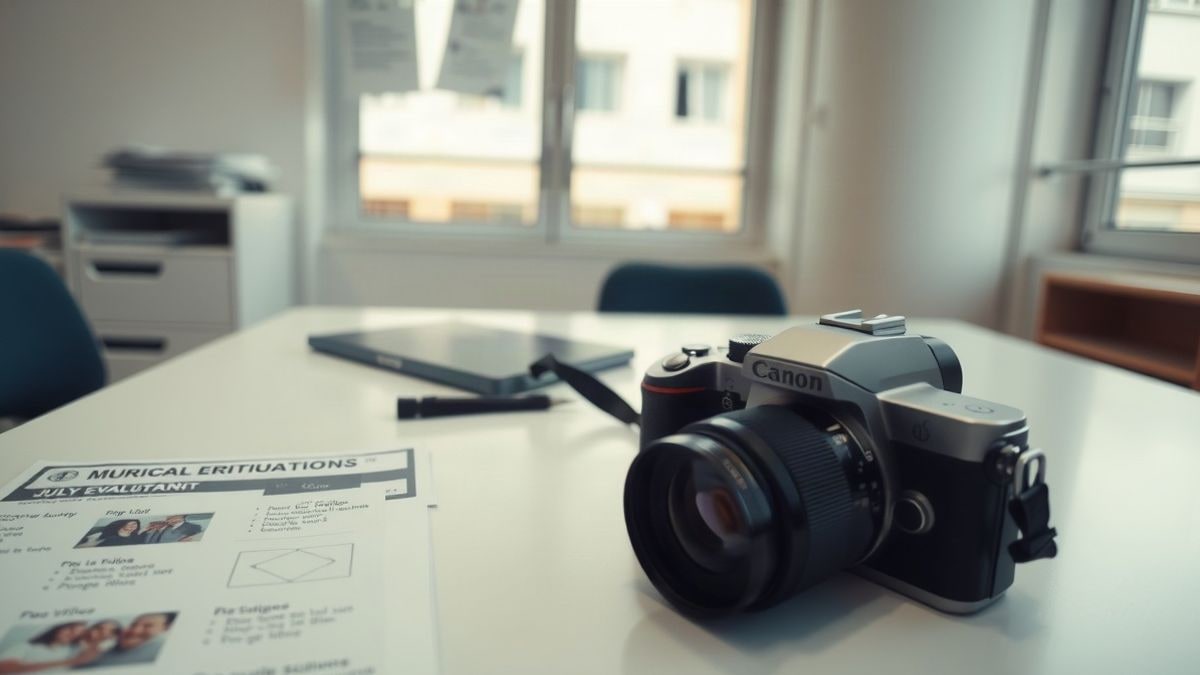 Imagen ilustrativa: una cámara de fotos y varias imágenes impresas sobre una mesa de oficina