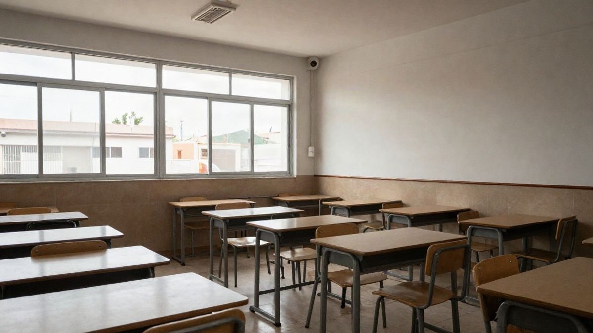 Illustrative image: empty school classroom with desks and side window light