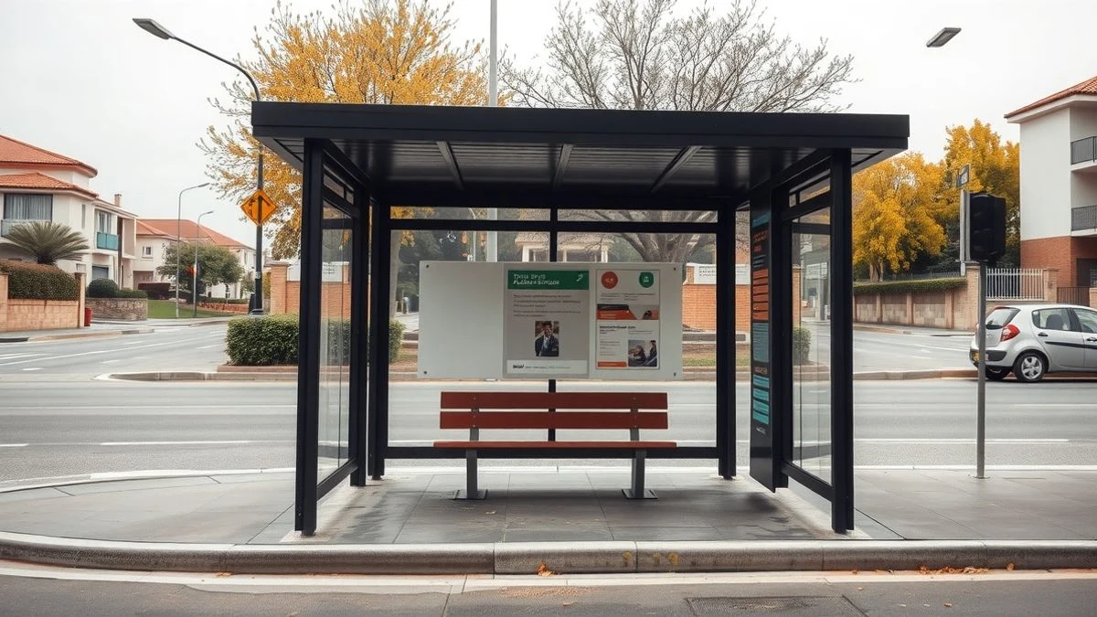 Imagen ilustrativa: una parada de autobús moderna y vacía en una calle de un municipio español, con un banco y una señal, en un día nublado.