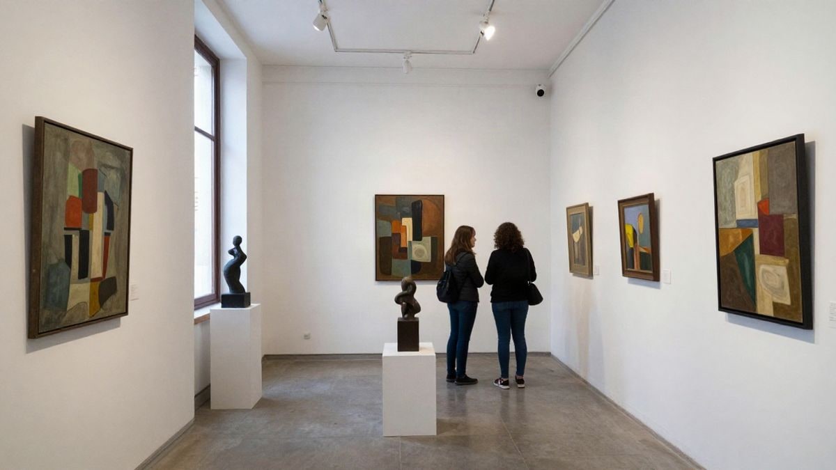 Imagen ilustrativa: sala de exposiciones con cuadros abstractos y esculturas, iluminada por luz natural lateral