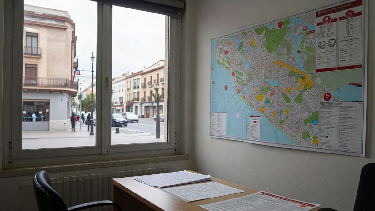 Illustrative image: interior of a municipal office with maps and emergency plans on a table