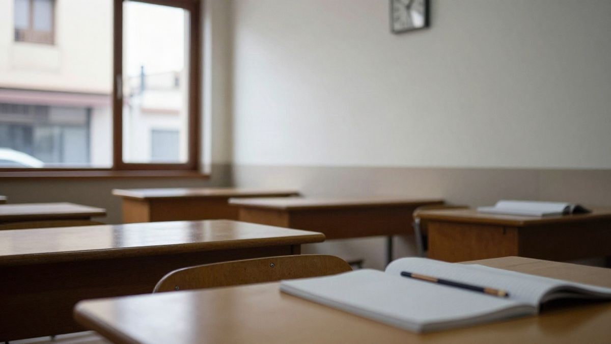 Imagen ilustrativa: aula de estudio con mesas de madera, cuadernos abiertos y un reloj en la pared