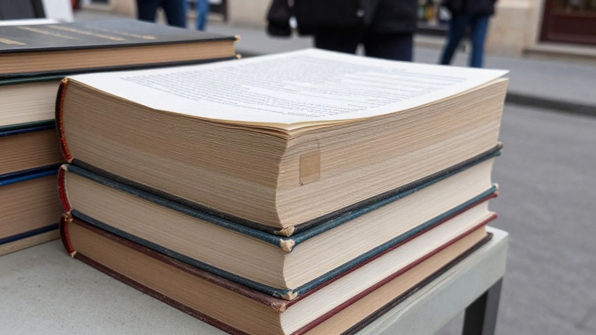 Imagen ilustrativa: detalle de una pila de libros usados sobre una mesa de biblioteca