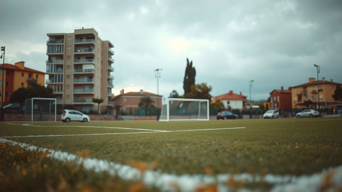 Imagen ilustrativa: campo de fútbol municipal con césped artificial nuevo y una portería al fondo, en un día nublado.