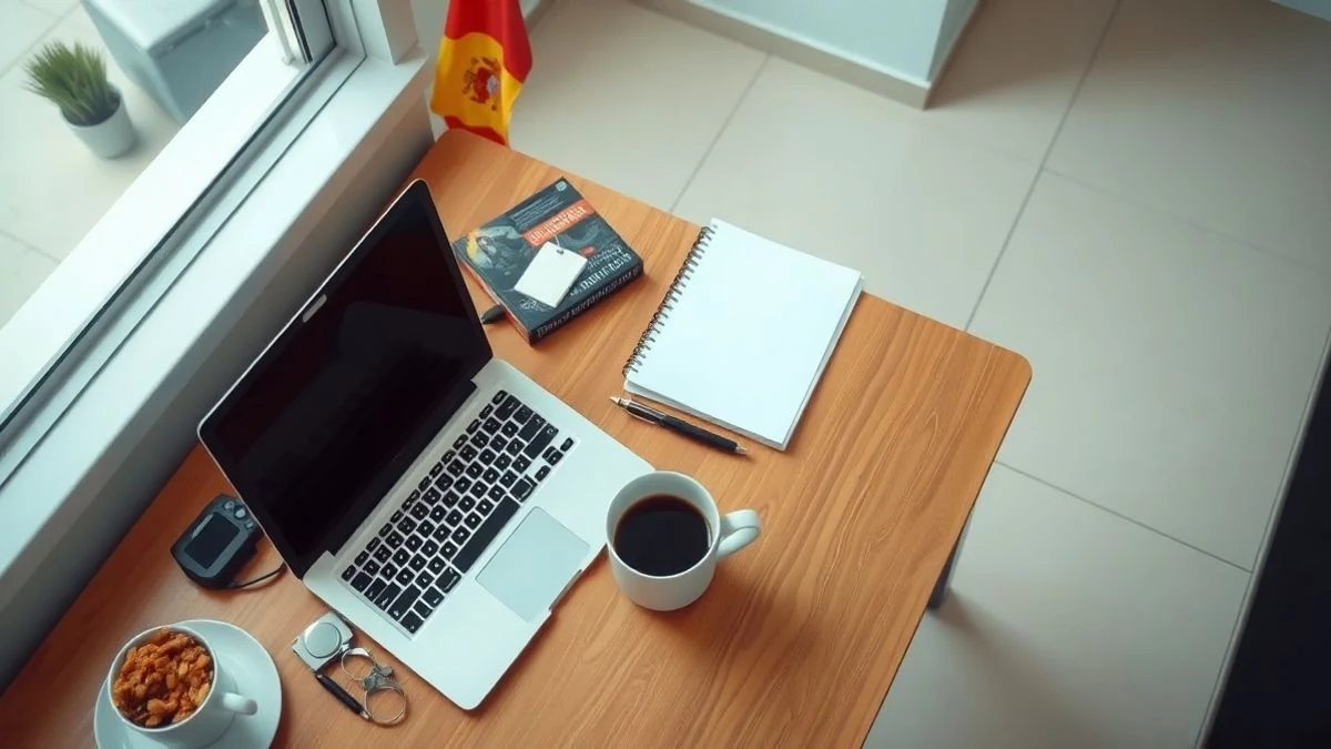 Imagen ilustrativa: vista cenital de un escritorio de oficina con portátil y documentos, representando un servicio de orientación laboral.