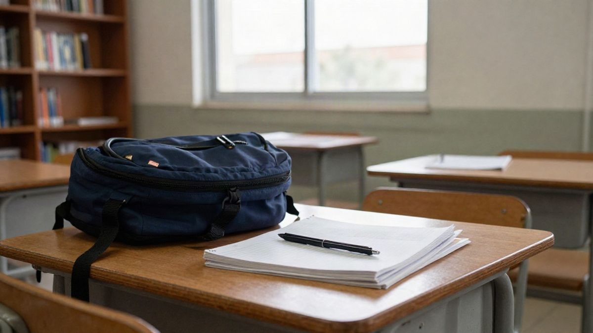 Imagen ilustrativa: mochila escolar y cuadernos sobre un pupitre en un aula vacía con luz natural