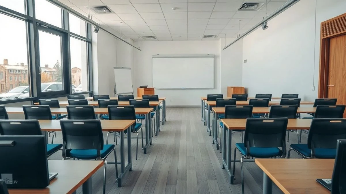 Illustrative image: empty training room with tables and chairs in a municipal building