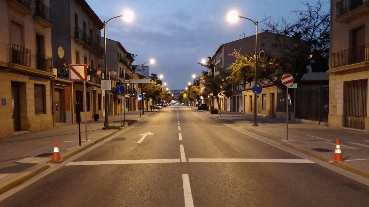Imagen ilustrativa: calle urbana de noche con conos y señalización genérica de un control de tráfico