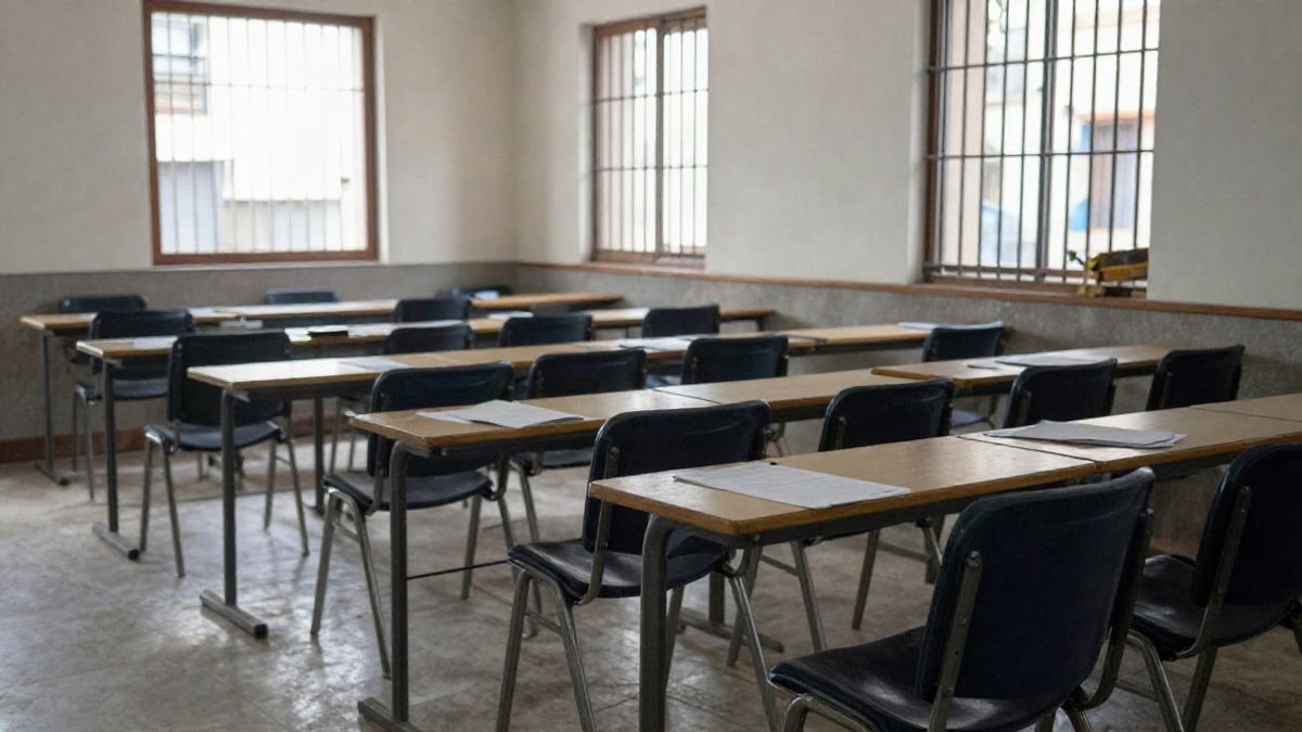 Imagen ilustrativa: aula con sillas y mesas vacías preparadas para un examen