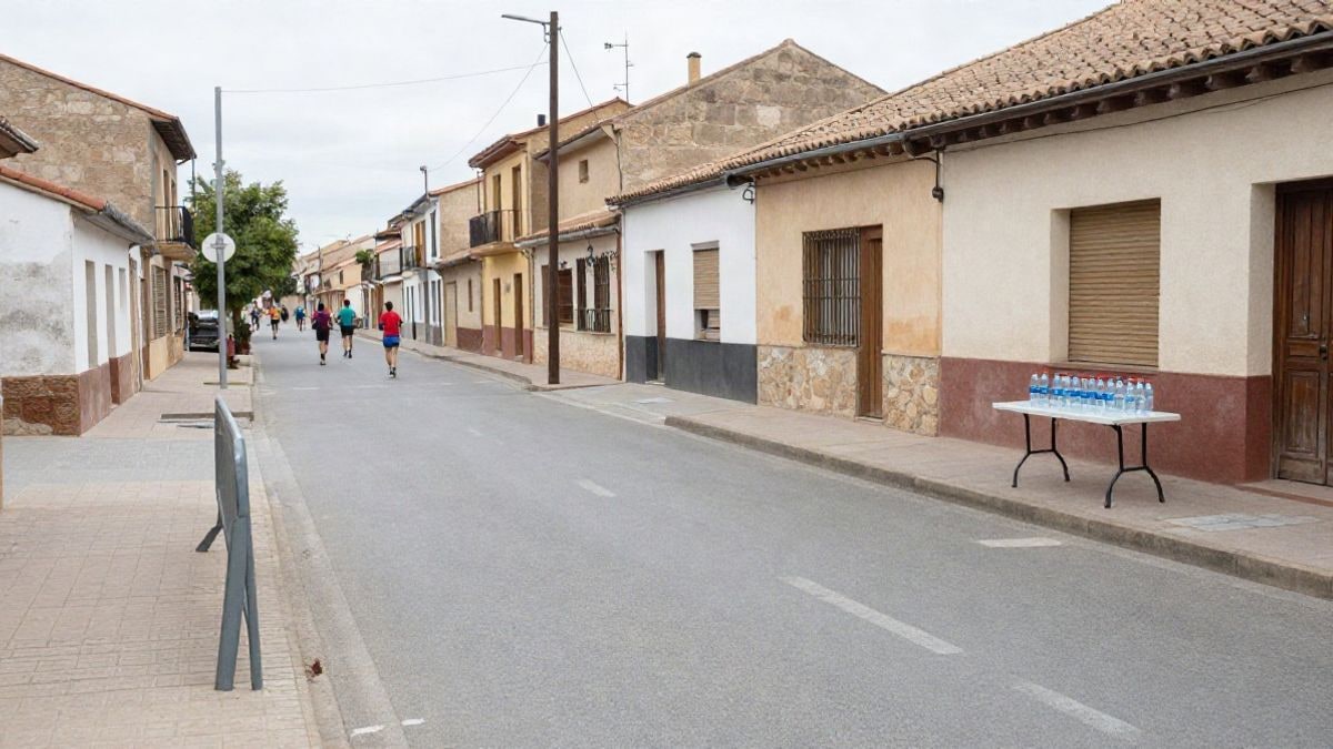 Imagen ilustrativa: calle de un pueblo con corredores al fondo y una mesa de avituallamiento en primer plano