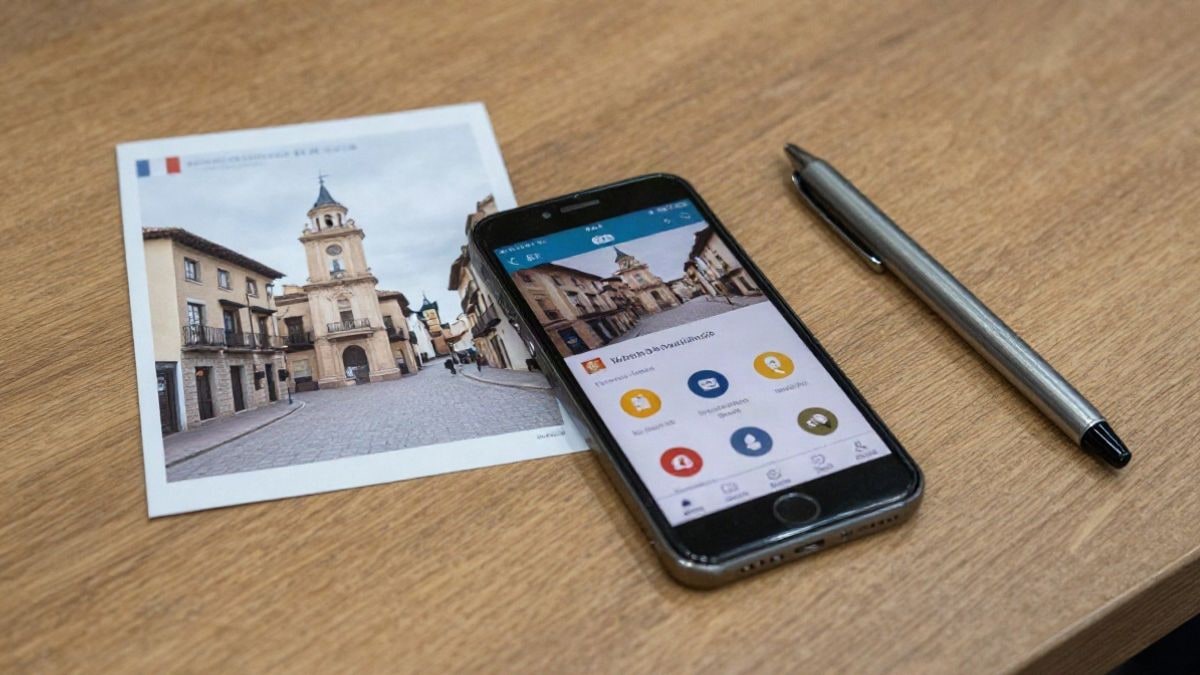 Illustrative image: a mobile phone on a table next to a municipal brochure and a pen