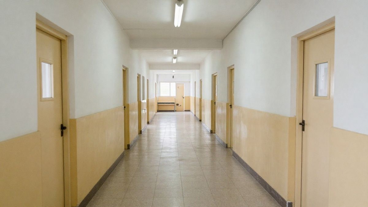 Illustrative image: empty corridor of a generic school with lines converging towards the background