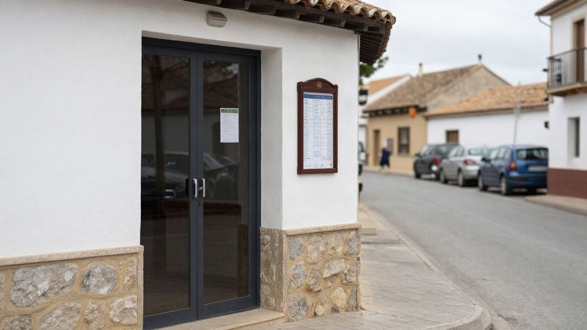 Imagen ilustrativa: entrada de un centro deportivo municipal con un tablón de horarios junto a la puerta