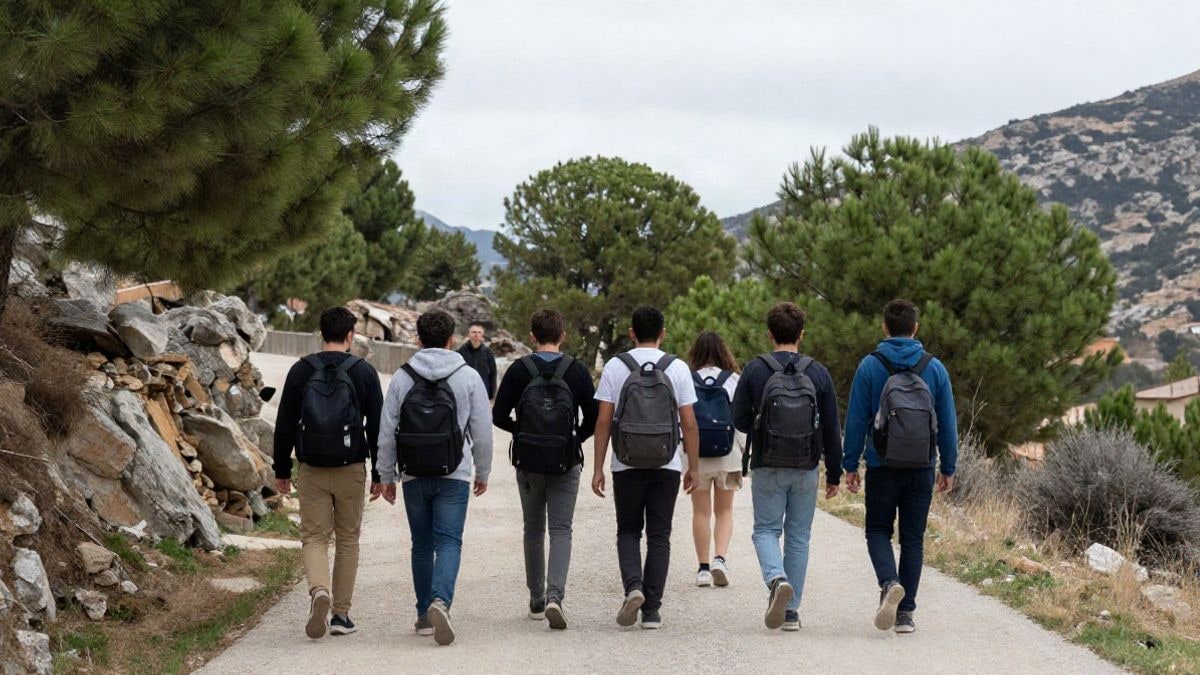 Imagen ilustrativa: jóvenes de espaldas caminando por un sendero de montaña en un día nublado