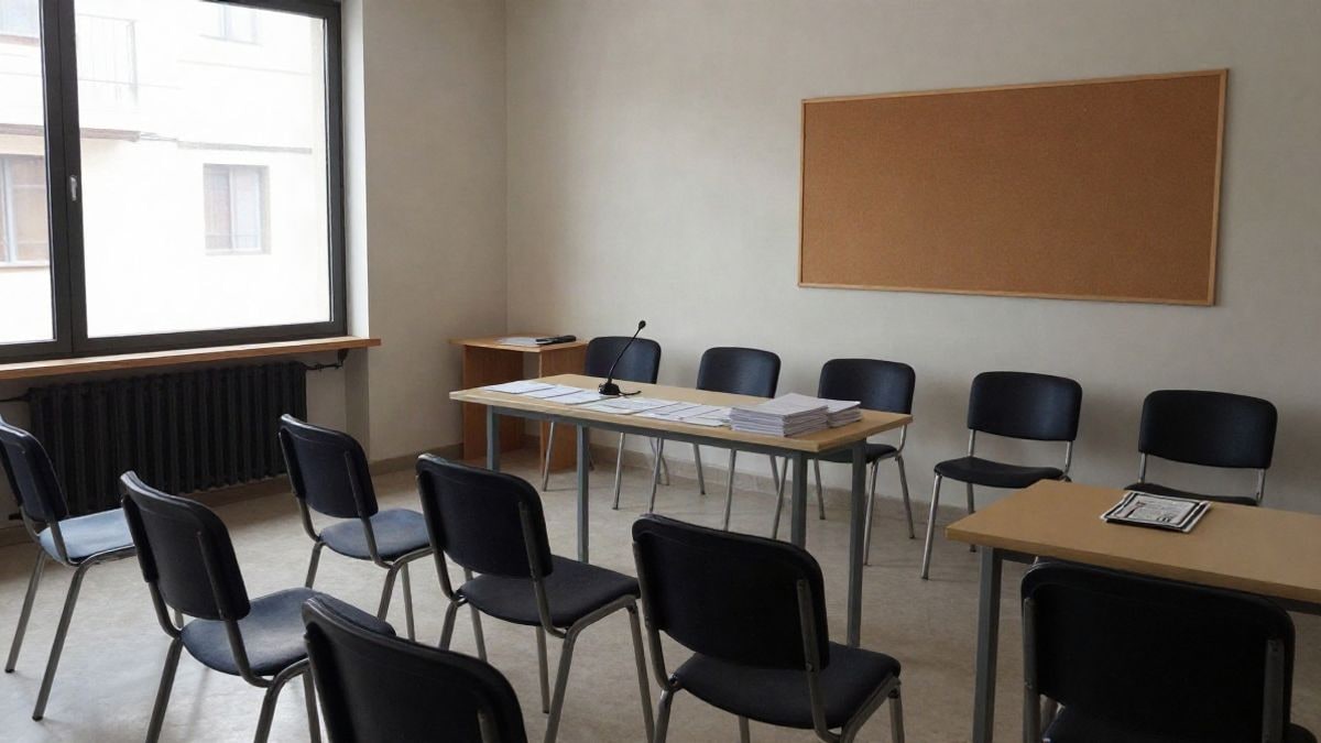 Imagen ilustrativa: sala de un centro cultural con sillas vacías y una mesa preparada para una asamblea abierta