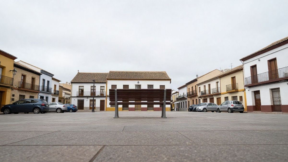 Illustrative image: a typical street in a Spanish village viewed from the ground, with a bench and cloudy sky in the background