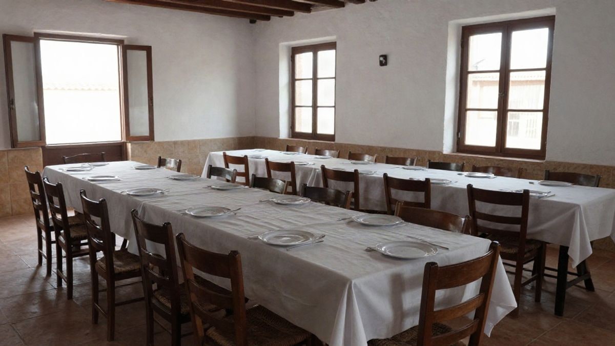 Imagen ilustrativa: mesa larga con manteles y cubiertos preparada para una comida en una sala polivalente de un pueblo.
