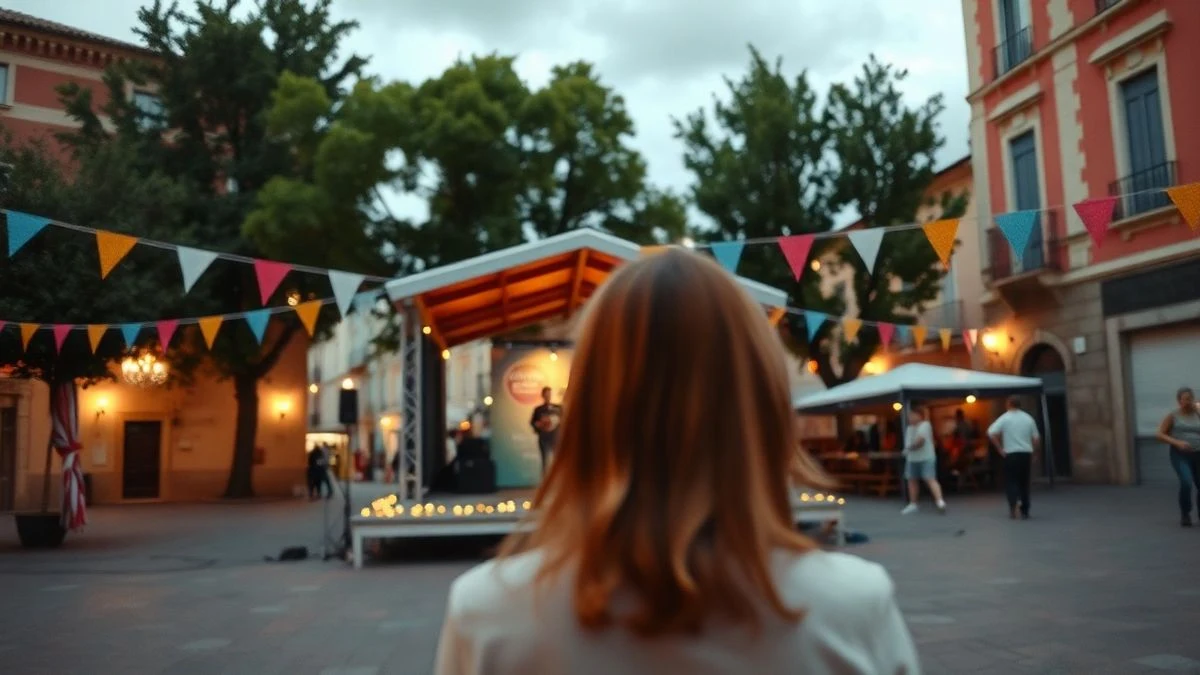 Imagen ilustrativa: una plaza española al atardecer con un pequeño escenario y luces decorativas, con un grupo de personas sentadas de espaldas.