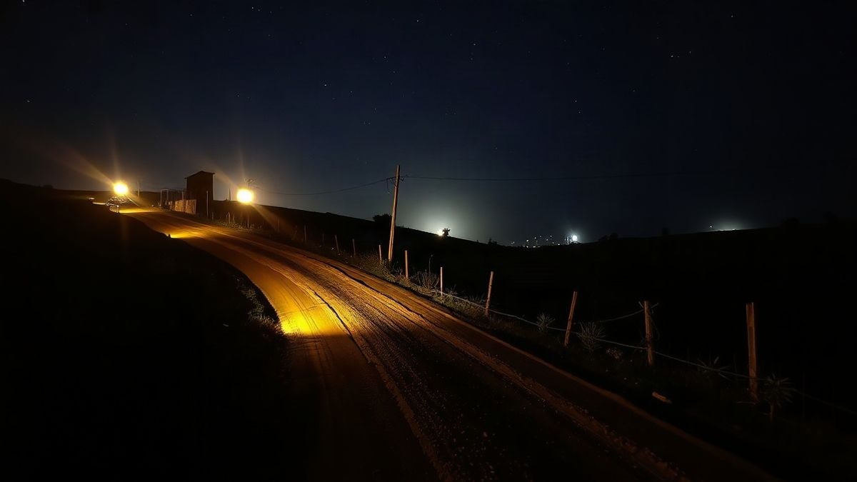 Imagen ilustrativa: sendero rural nocturno iluminado por estrellas, sin personas visibles.