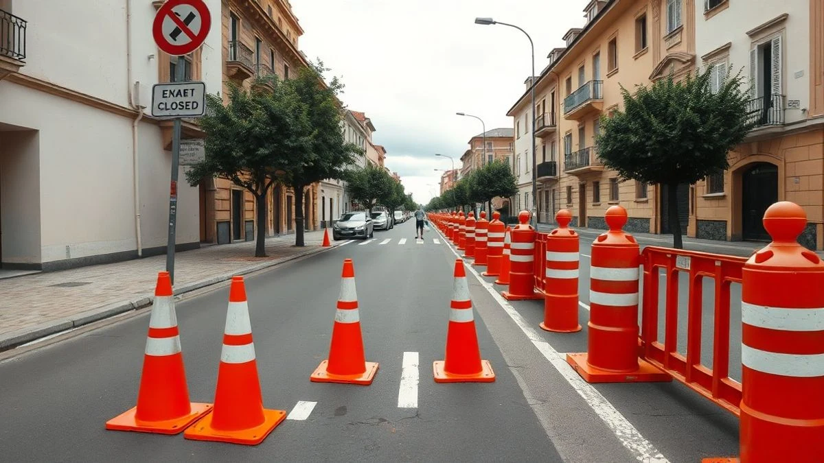 Illustrative image: street with cones and orange barriers due to works, with a diversion sign and some parked cars.