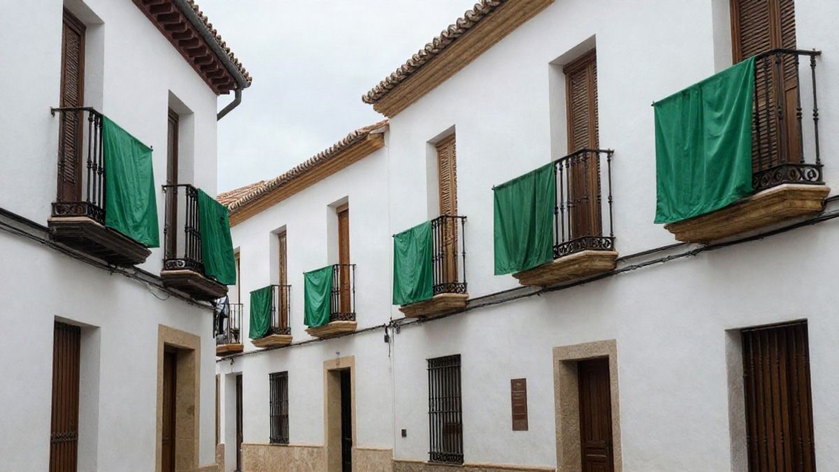 Illustrative image: balconies of a Spanish street adorned with green decorations during a local festival