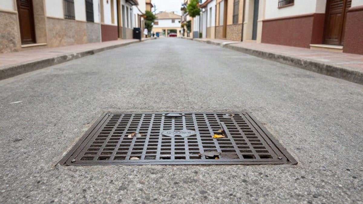 Imagen ilustrativa: una tapa de alcantarillado en una calle residencial con hojas acumuladas.