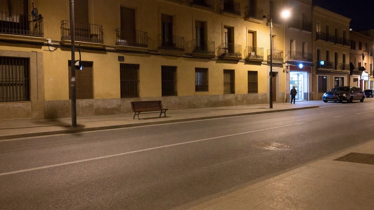 Illustrative image: night street lit by streetlights, with a simple municipal facade in the background and no people.