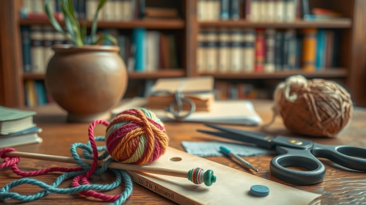 Illustrative image: a knitting needle with colourful yarn on a wooden table, in a library setting.