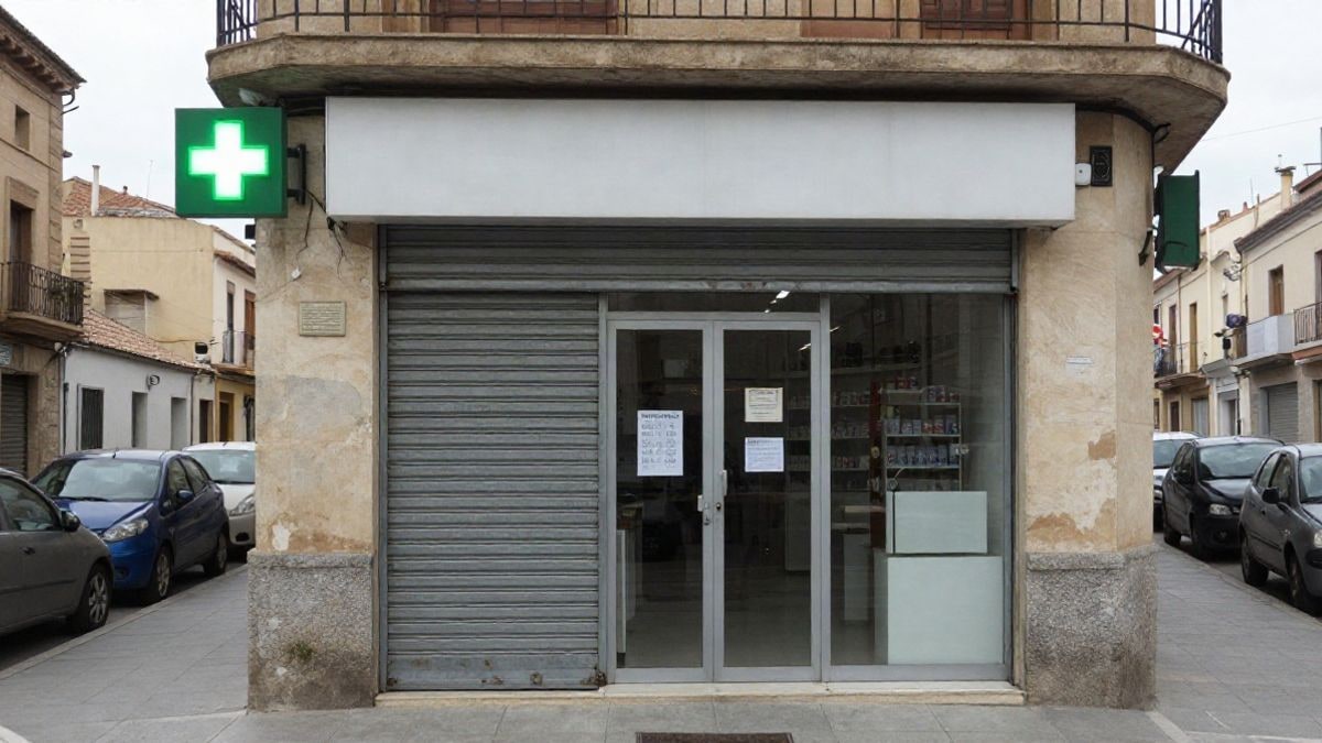 Imagen ilustrativa: fachada de una farmacia en una calle española con la cruz verde encendida y el cierre metálico bajado a media altura.