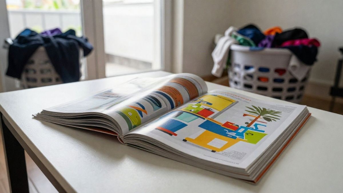 Imagen ilustrativa: revistas sobre una mesa de salón junto a una cesta de ropa, con luz natural.