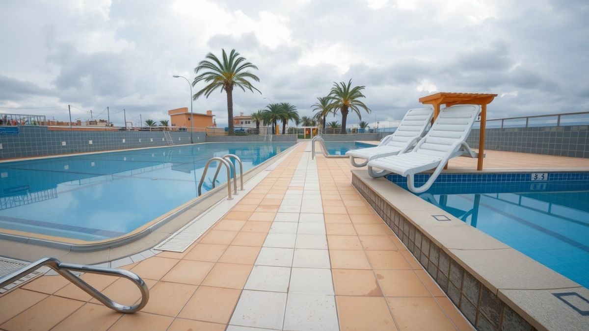 Illustrative image: an empty municipal pool with blue water and stacked sun loungers, under a cloudy sky.