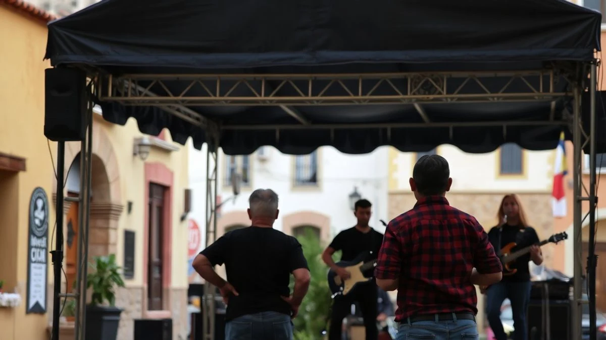 Imagen ilustrativa: un escenario al aire libre en una plaza de pueblo con un grupo de rock tocando de espaldas y público de pie.