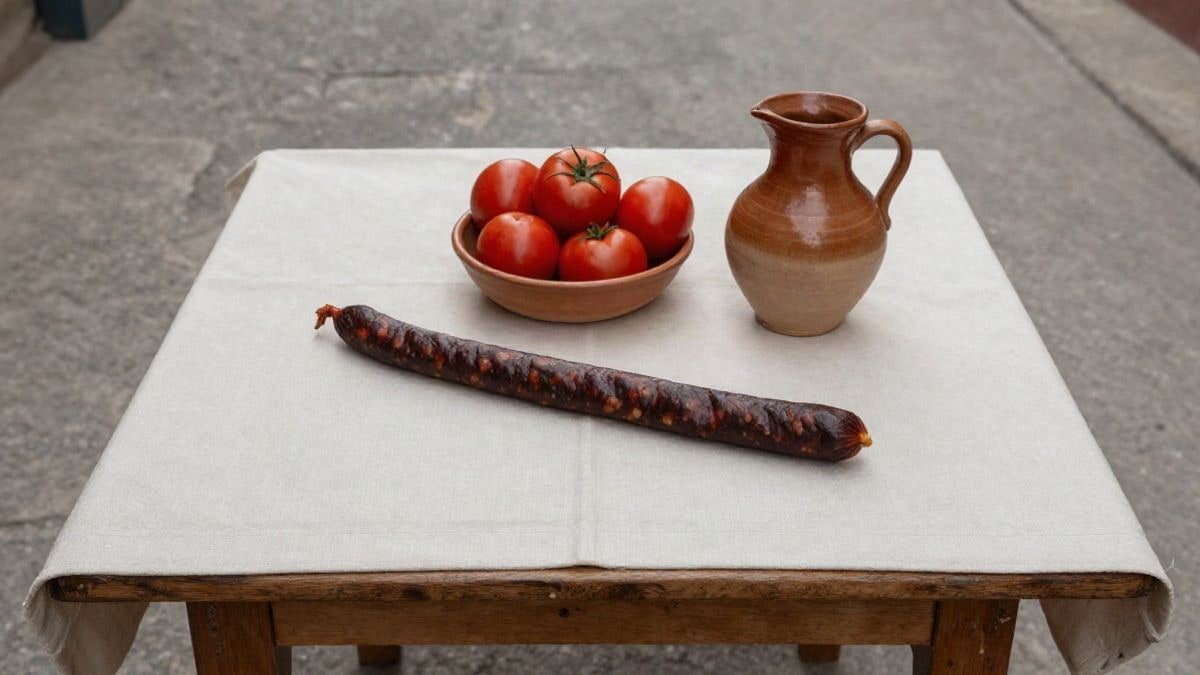 Imagen ilustrativa: vista cenital de una mesa rústica con embutido, tomates y un porrón de barro