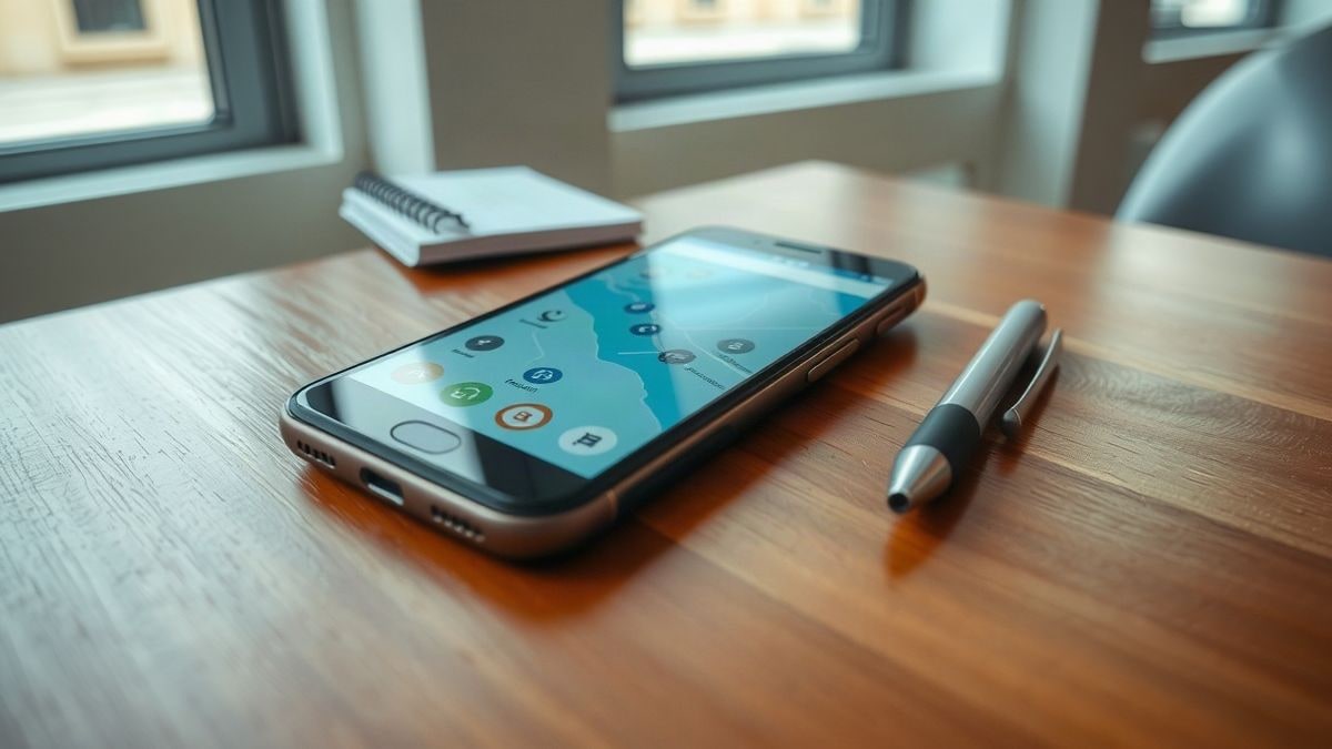 Illustrative image: a mobile phone on a table with a notebook and pen, displaying a generic app interface on the screen