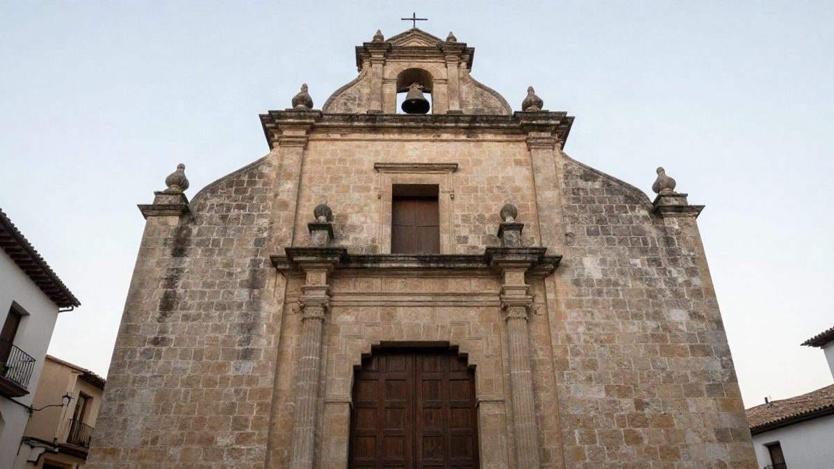 Imagen ilustrativa: fachada de una ermita histórica de piedra vista desde un ángulo bajo con cielo de fondo.