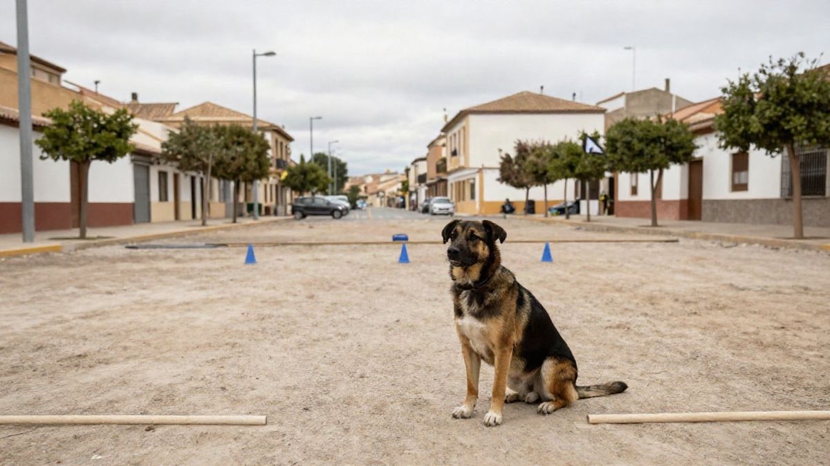 Illustrative image: two working dogs, a Belgian Malinois and a Springer Spaniel, sitting in a training field with a village in the background.