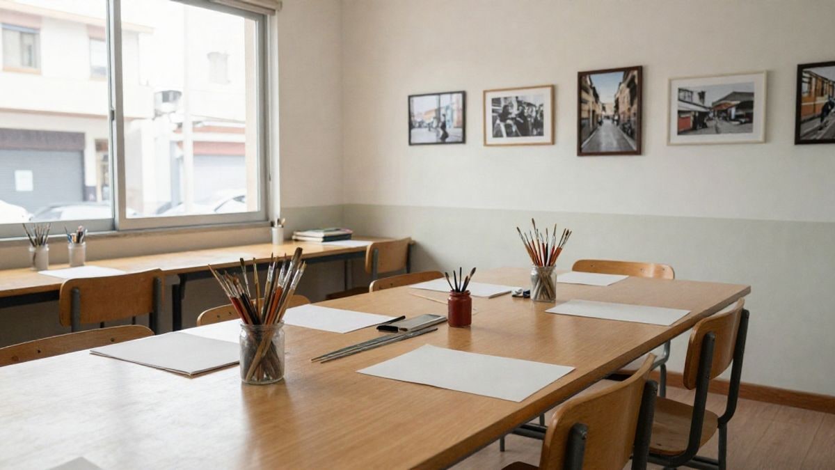 Imagen ilustrativa: aula luminosa con mesa de trabajo y materiales de pintura sobre la mesa