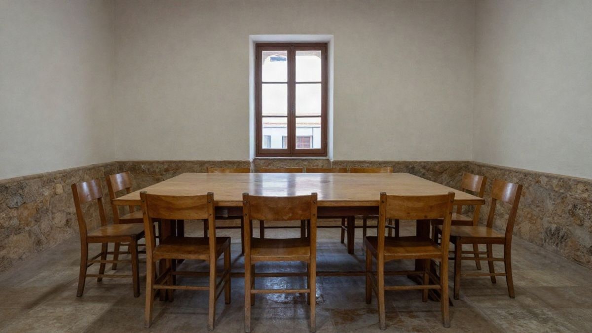 Imagen ilustrativa: sala de reuniones municipal con mesa y sillas vacías, sin personas ni símbolos identificables