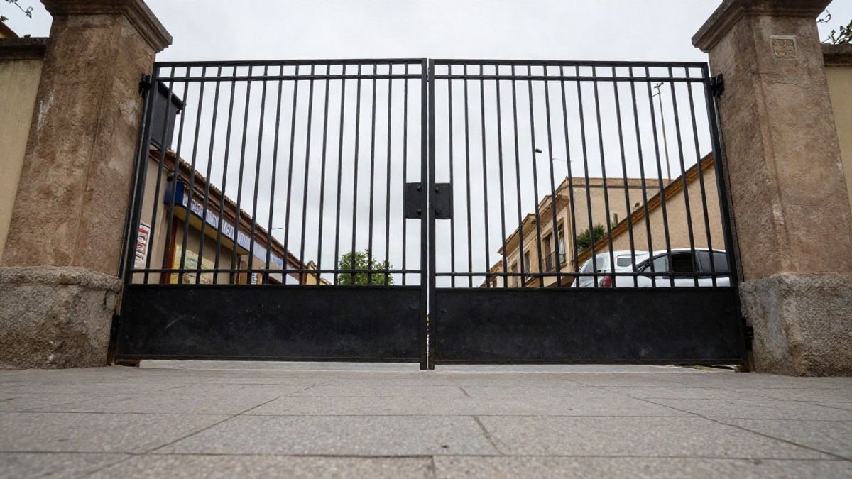 Imagen ilustrativa: entrada de un colegio con acera y un coche aparcado al fondo en un día nublado