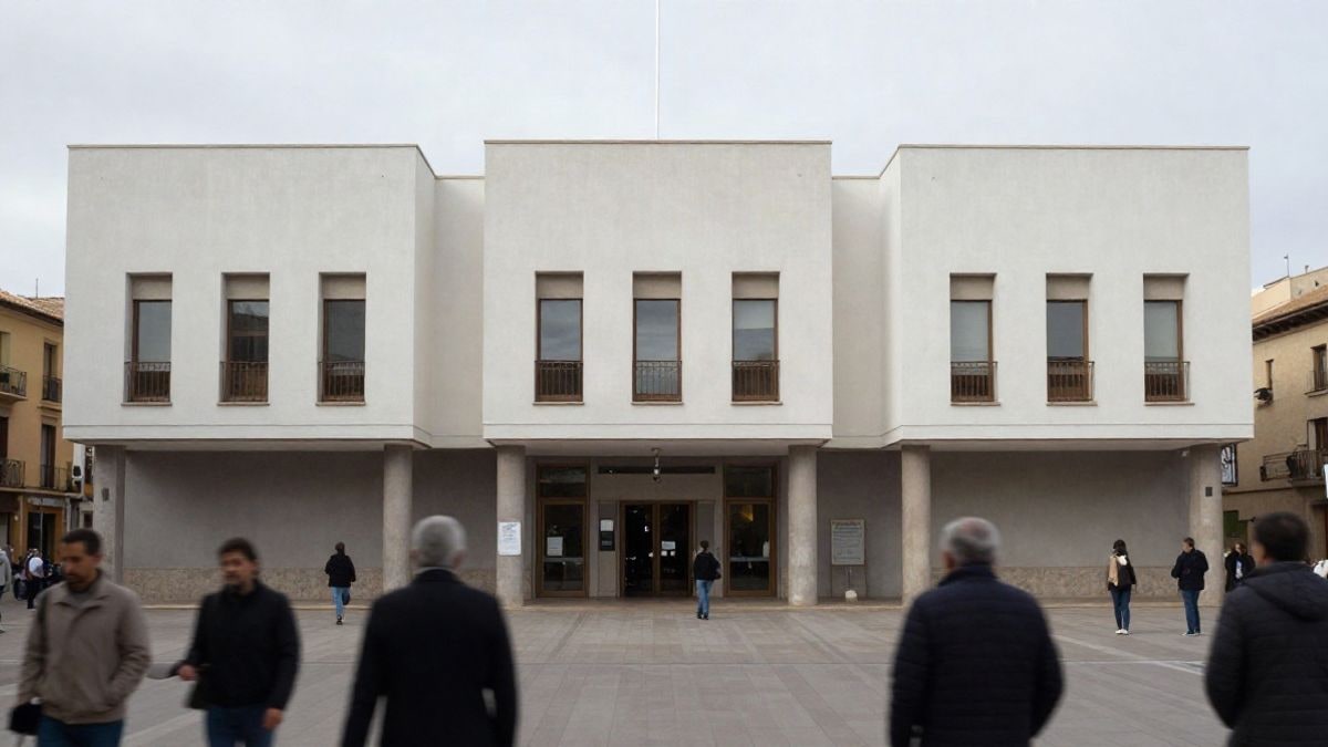 Imagen ilustrativa: fachada de un edificio consistorial moderno con líneas que convergen hacia la entrada