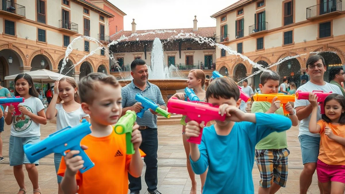 Imagen ilustrativa: niños y familias jugando con pistolas de agua en una plaza española genérica