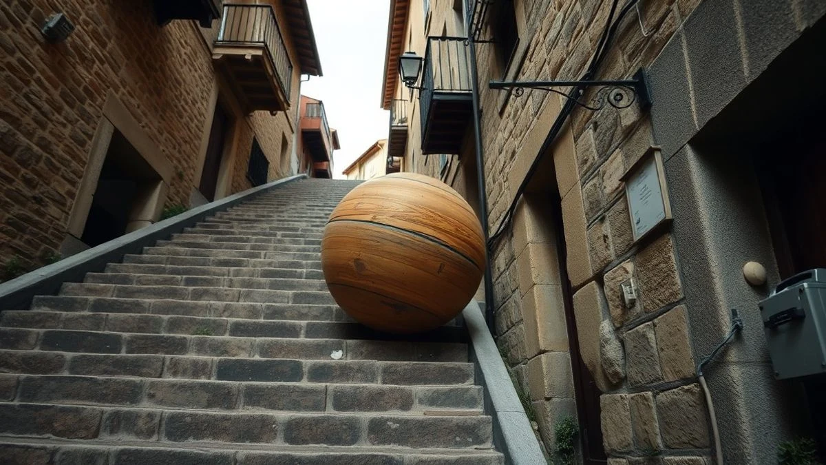 Imagen ilustrativa: una calle empinada de un pueblo de la sierra con una gran bola de madera en la parte alta, bajo una luz de día corriente.